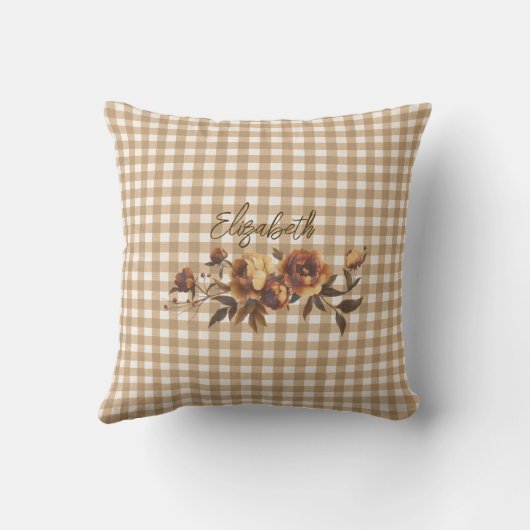 Rustic Gingham Autumn Floral Personalized  クッション (裏面)
