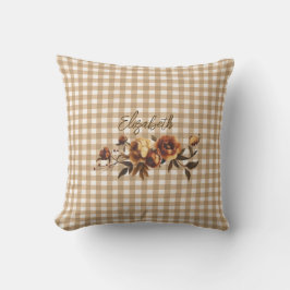 Rustic Gingham Autumn Floral Personalized  クッション