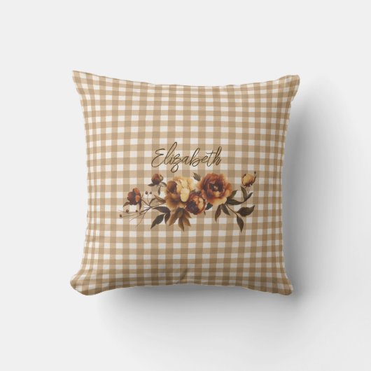 Rustic Gingham Autumn Floral Personalized  クッション (正面)