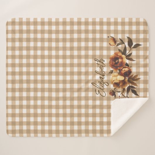 Rustic Gingham Fall Roses Personalized  シェルパブランケット (正面(横))