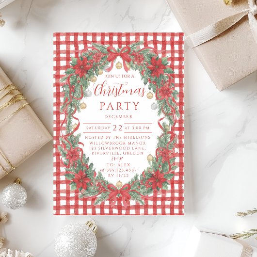 Rustic Gingham Poinsettia Christmas 招待状