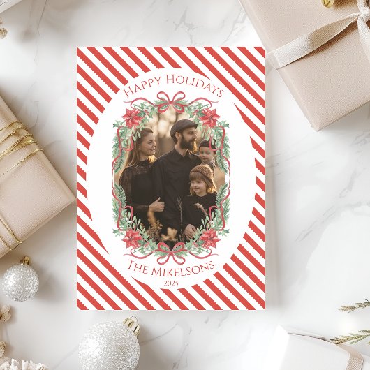 Rustic Gingham Poinsettia Photo Christmas シーズンカード