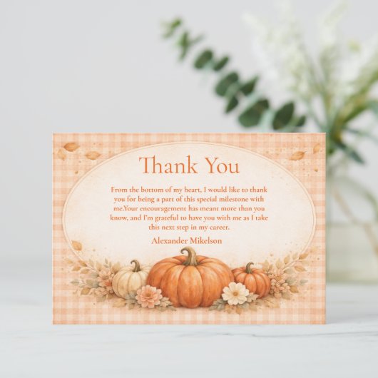 Rustic Gingham Pumpkin Fall Graduation サンキューカード (スタンド正面)