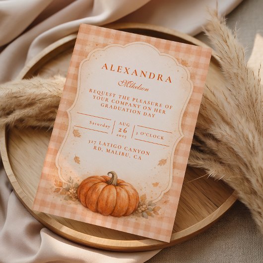 Rustic Gingham Pumpkin Fall Graduation 招待状