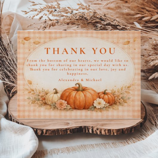 Rustic Gingham Pumpkin Fall Wedding サンキューカード