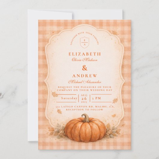 Rustic Gingham Pumpkin Fall Wedding 招待状 (正面)