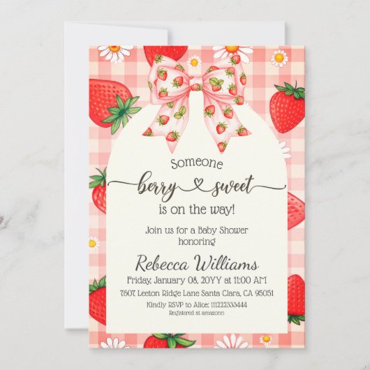 Rustic Gingham Strawberry Berry Sweet Baby Shower 招待状 (正面)