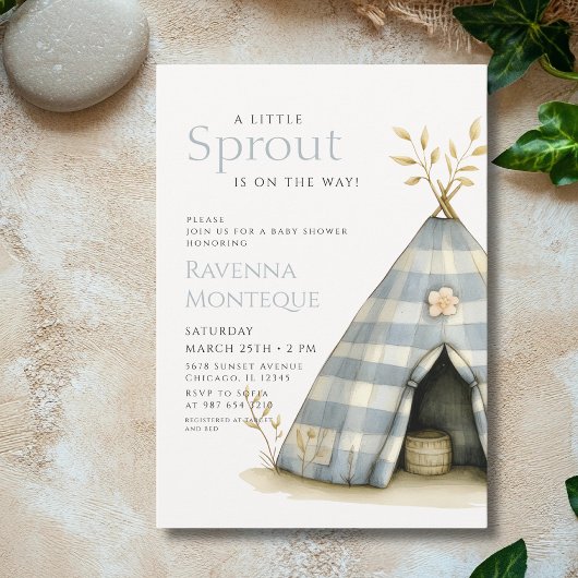 Rustic Gingham Tent A Little Sprout Baby Shower 招待状