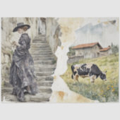 Rustic Girl on Stone Steps Cow Pasture Watercolor 薄葉紙 (正面)