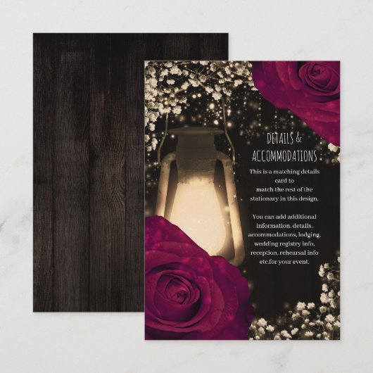 Rustic Glow Lantern Fuchsia Roses Wedding Details エンクロージャーカード (正面/裏面)