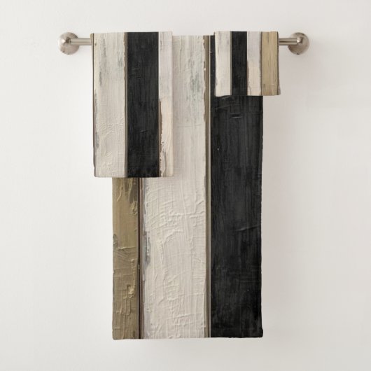 Rustic Gold Black Cream Farmhouse Barnwood Stripe バスタオルセット (インサイチュ)