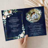 Rustic Gold Cotton Eucalyptus QR Code Navy Wedding 招待状