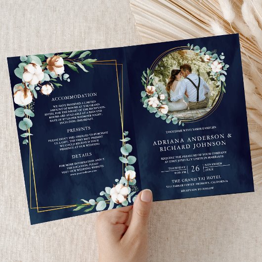 Rustic Gold Cotton Eucalyptus QR Code Navy Wedding 招待状