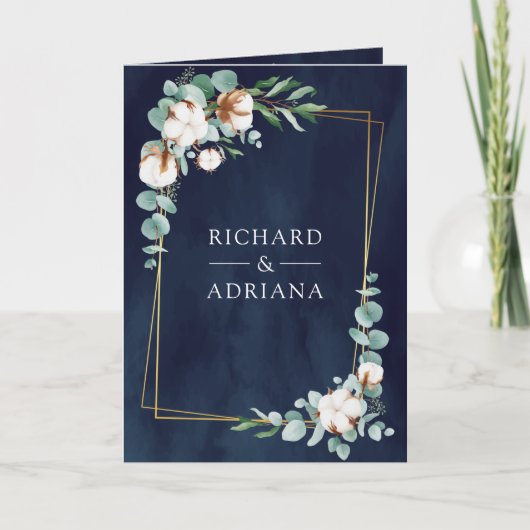 Rustic Gold Cotton Eucalyptus QR Code Navy Wedding 招待状 (正面)