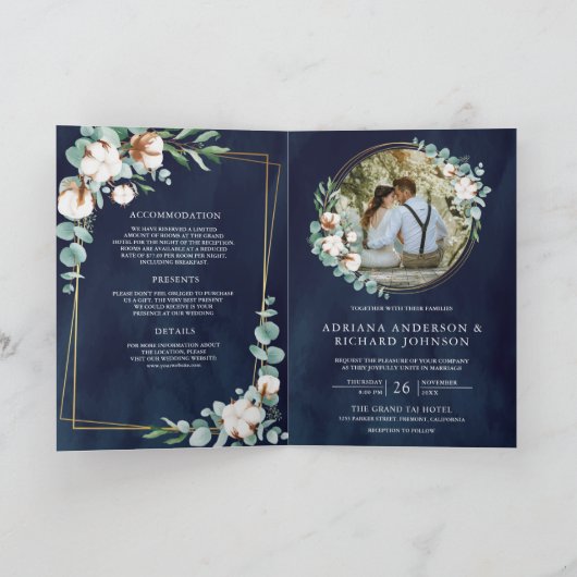 Rustic Gold Cotton Eucalyptus QR Code Navy Wedding 招待状 (内部)