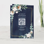 Rustic Gold Cotton Eucalyptus QR Code Navy Wedding 招待状 (裏面)