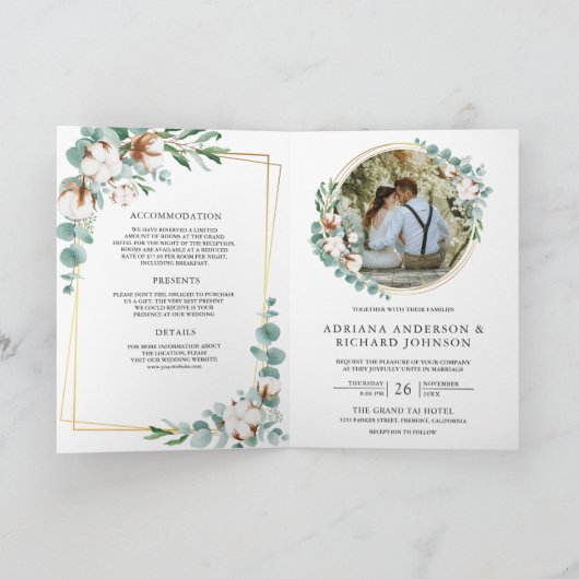 Rustic Gold Cotton Eucalyptus QR Code Wedding 招待状 (内部)