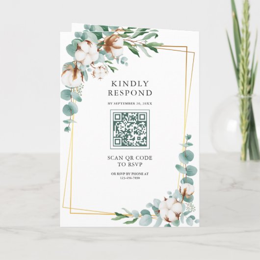 Rustic Gold Cotton Eucalyptus QR Code Wedding 招待状 (裏面)