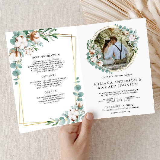 Rustic Gold Cotton Eucalyptus QR Code Wedding 招待状