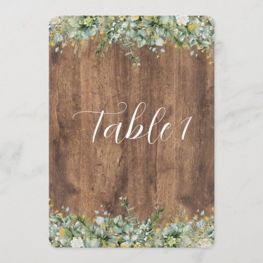 Rustic Gold Eucalyptus & White Floral Table Number 招待状 (正面)