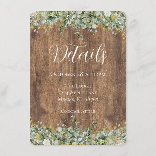 Rustic Gold Eucalyptus & White Floral Wedding エンクロージャーカード (正面)