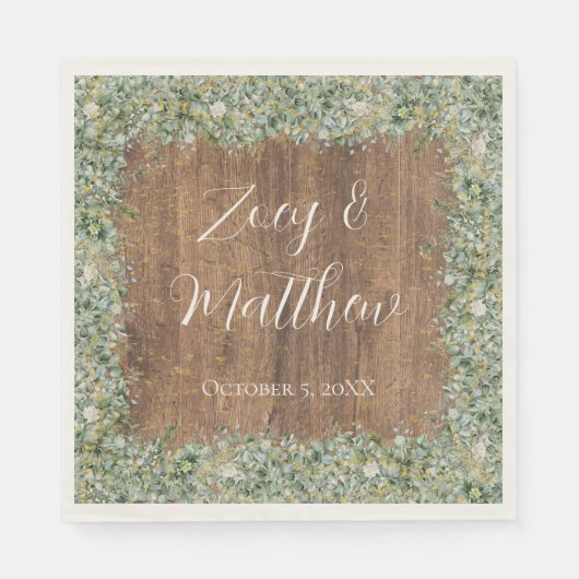 Rustic Gold Eucalyptus & White Floral Wedding スタンダードランチョンナプキン (正面)