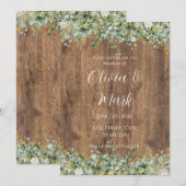 Rustic Gold Eucalyptus & White Floral Wood Wedding 招待状 (正面/裏面)