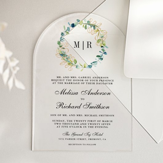 Rustic Gold Eucalyptus Wreath Wedding アクリル招待状