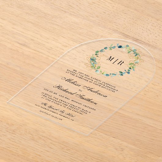 Rustic Gold Eucalyptus Wreath Wedding アクリル招待状 (レイダウン)