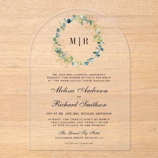 Rustic Gold Eucalyptus Wreath Wedding アクリル招待状 (正面)