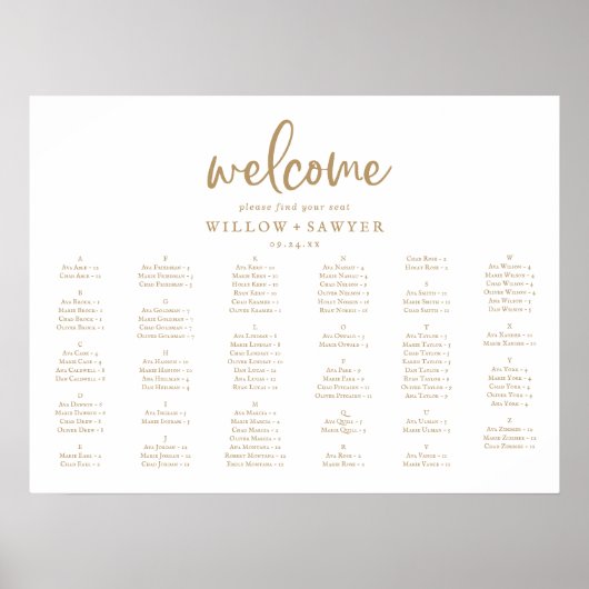 Rustic Gold Horizontal Alphabetical Seating Plan ポスター (正面)
