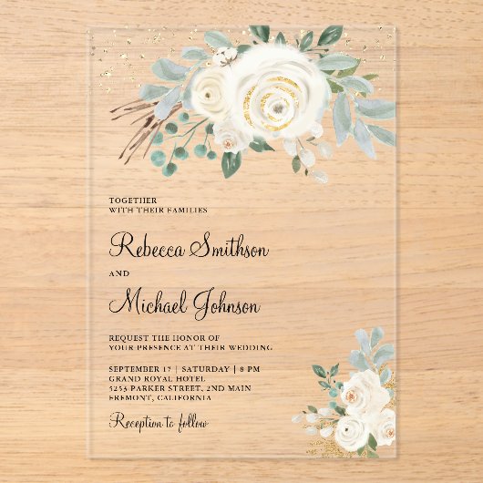 Rustic Gold Ivory Floral Wedding アクリル招待状 (正面)