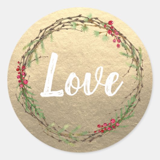 Rustic Gold Love Christmas Wreath ラウンドシール (正面)