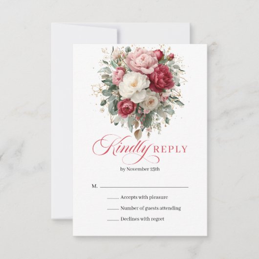 Rustic Gold Red Blush Floral Wedding RSVP Card (正面)