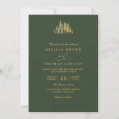 Rustic Gold Trees Pine Minimalist QR コード ウェディング 招待状 (正面)