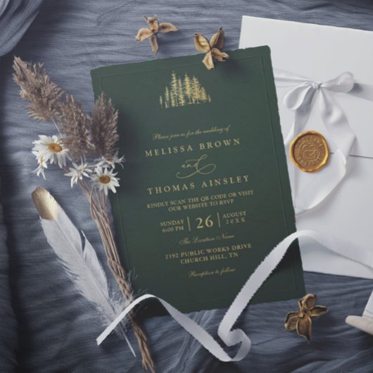 Rustic Gold Trees Pine Minimalist QR Code Wedding  招待状