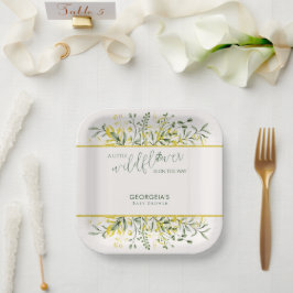 Rustic Golden Frame Wildflower on Way Baby Shower ペーパープレート