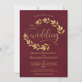 Rustic Golden Leaves Elegant Burgundy Wedding 招待状