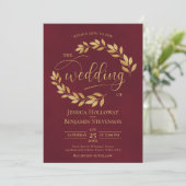Rustic Golden Leaves Elegant Burgundy Wedding 招待状 (スタンド正面)
