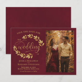 Rustic Golden Leaves on Burgundy Photo Wedding セーブザデート