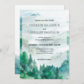 Rustic Green and White Watercolor Mountain Wedding 招待状 (正面/裏面)
