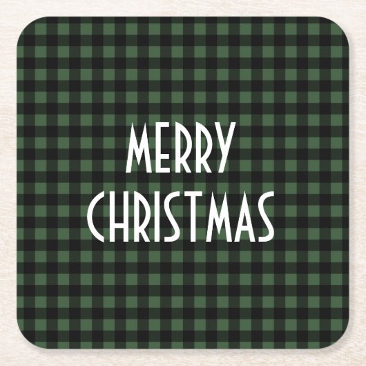 Rustic Green & Black Buffalo Plaid Merry Christmas スクエアペーパーコースター (正面)