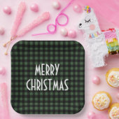 Rustic Green & Black Buffalo Plaid Merry Christmas ペーパープレート (パーティー)