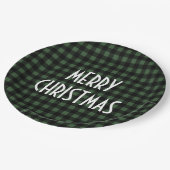 Rustic Green & Black Buffalo Plaid Merry Christmas ペーパープレート (アングル)