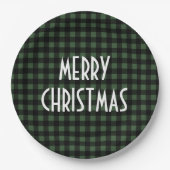 Rustic Green & Black Buffalo Plaid Merry Christmas ペーパープレート (正面)