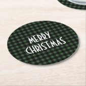 Rustic Green & Black Buffalo Plaid Merry Christmas ラウンドペーパーコースター (アングル)