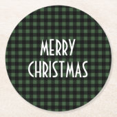 Rustic Green & Black Buffalo Plaid Merry Christmas ラウンドペーパーコースター (正面)
