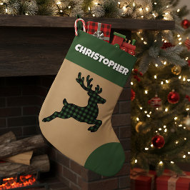 Rustic Green & Black Plaid Reindeer Custom Name ラージクリスマスストッキング