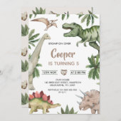 Rustic Green Brown Stomp On Over Dinosaur Birthday 招待状 (正面/裏面)
