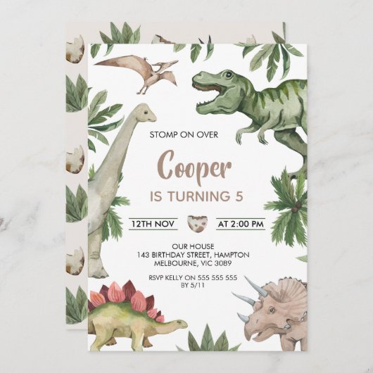 Rustic Green Brown Stomp On Over Dinosaur Birthday 招待状 (正面/裏面)